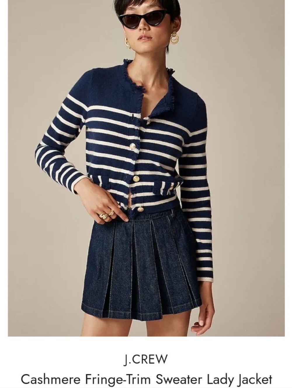 J. Crew Navy and White Striped Cashmere Fringe-Trim Jacket
